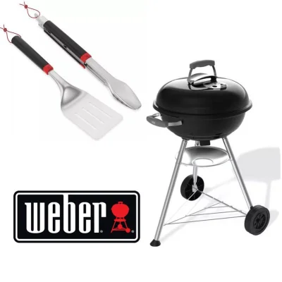 Weber Compact Kettle Charcoal Barbecue 47cm with Stand & Wheels + Weber Spatula & Tongs Set Black/Silver