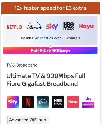 Sky Ultimate TV & 900Mbps Full Fibre Broadband Bundle with Netflix, Disney+ & HBO Max