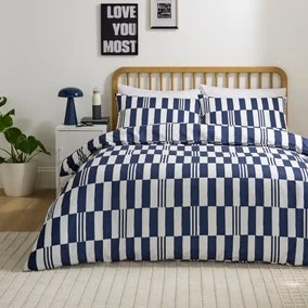 Lucian Geo / Revel Stripe Quilt Cover & Pillowcase Set Single/Double Blue & White Geometric