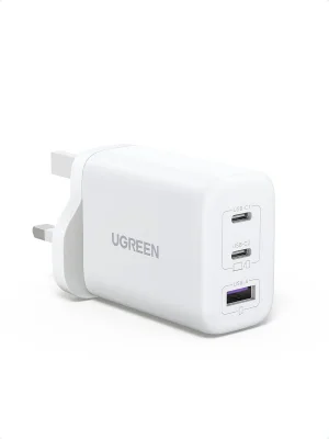 UGREEN USB-C Charger 65W GaN Fast Charger 3-Port Compact Travel Plug - White/Black