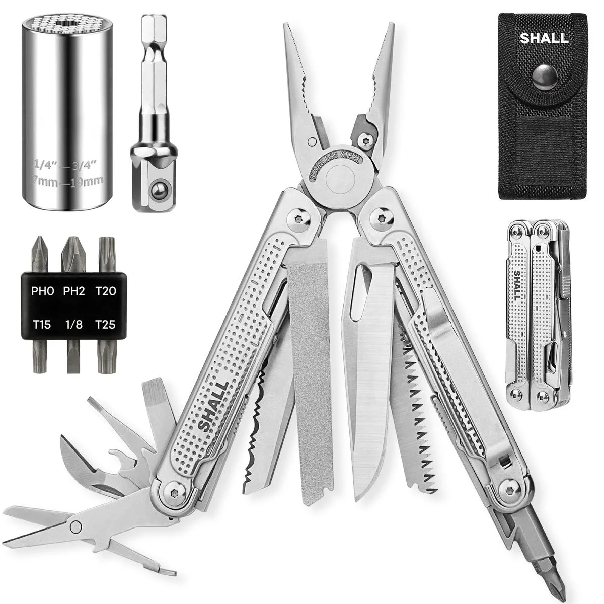 SHALL 18-in-1 Multi Tool Multitool Pliers with Screwdriver Bit & Universal Socket