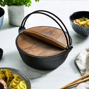 World Gourmet Cast Iron Ramen Cooking Pot with Natural Wooden Lid